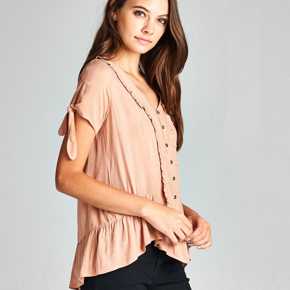 Dark Coral Ruffle Button-Front Top - Picture 3 of 6